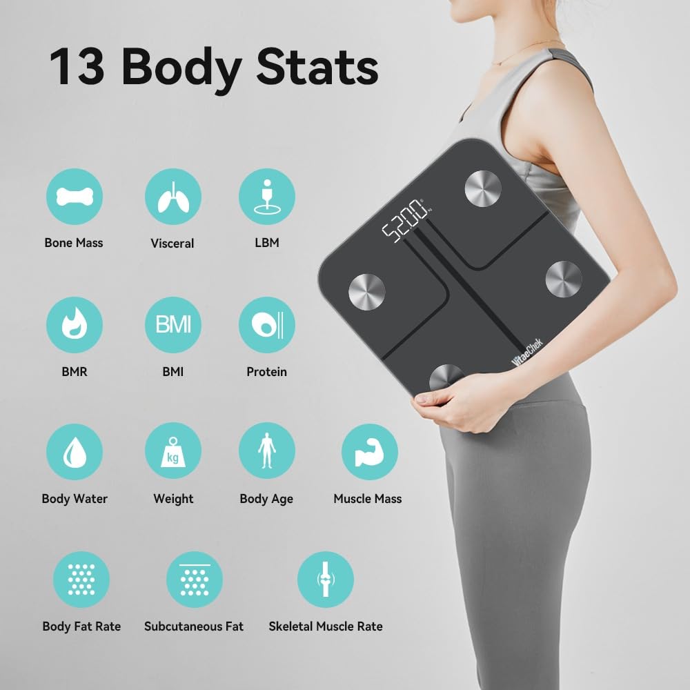 VitaeChek Bilancia Pesapersone Digitale, Bilancia Impedenziometrica in Vetro Temperato, Fino a 180 kg, Bilancia Smart Dotata di 13 Misurazioni (BMI/Grasso corporeo/BMR/Muscoli), 28 cm, Elis 1