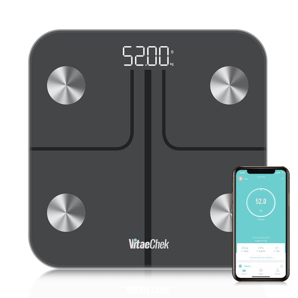 VitaeChek Bilancia Pesapersone Digitale, Bilancia Impedenziometrica in Vetro Temperato, Fino a 180 kg, Bilancia Smart Dotata di 13 Misurazioni (BMI/Grasso corporeo/BMR/Muscoli), 28 cm, Elis 1