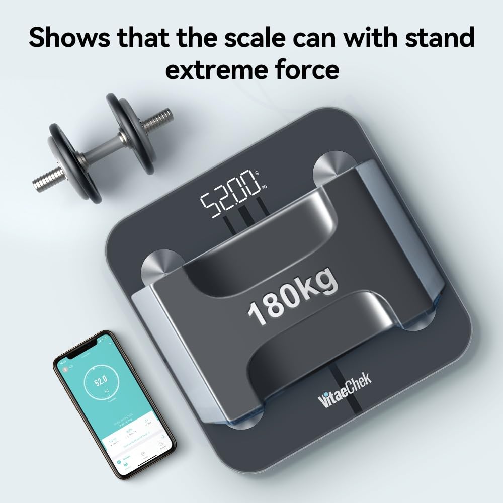 VitaeChek Bilancia Pesapersone Digitale, Bilancia Impedenziometrica in Vetro Temperato, Fino a 180 kg, Bilancia Smart Dotata di 13 Misurazioni (BMI/Grasso corporeo/BMR/Muscoli), 28 cm, Elis 1