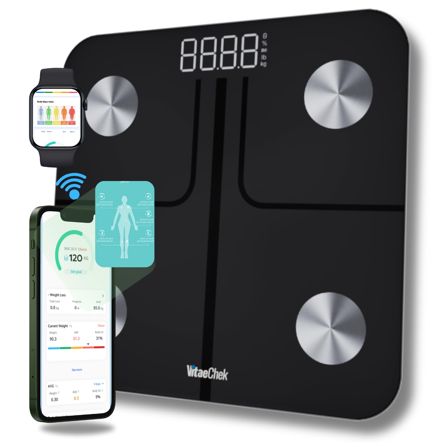 VitaeChek Bilancia Pesapersone Digitale, Bilancia Impedenziometrica in Vetro Temperato, Fino a 180 kg, Bilancia Smart Dotata di 13 Misurazioni (BMI/Grasso corporeo/BMR/Muscoli), 28 cm, Elis 1