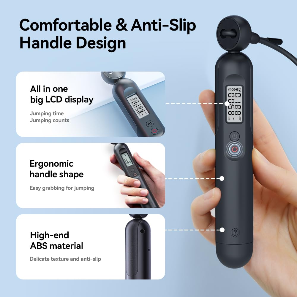 VitaeChek Corda per Saltare Intelligente con Contatore - Corda per Saltare Senza Filo - Corda da Salto Bluetooth Portatile con Analisi Dati tramite App - Manico Confortevole e Antiscivolo