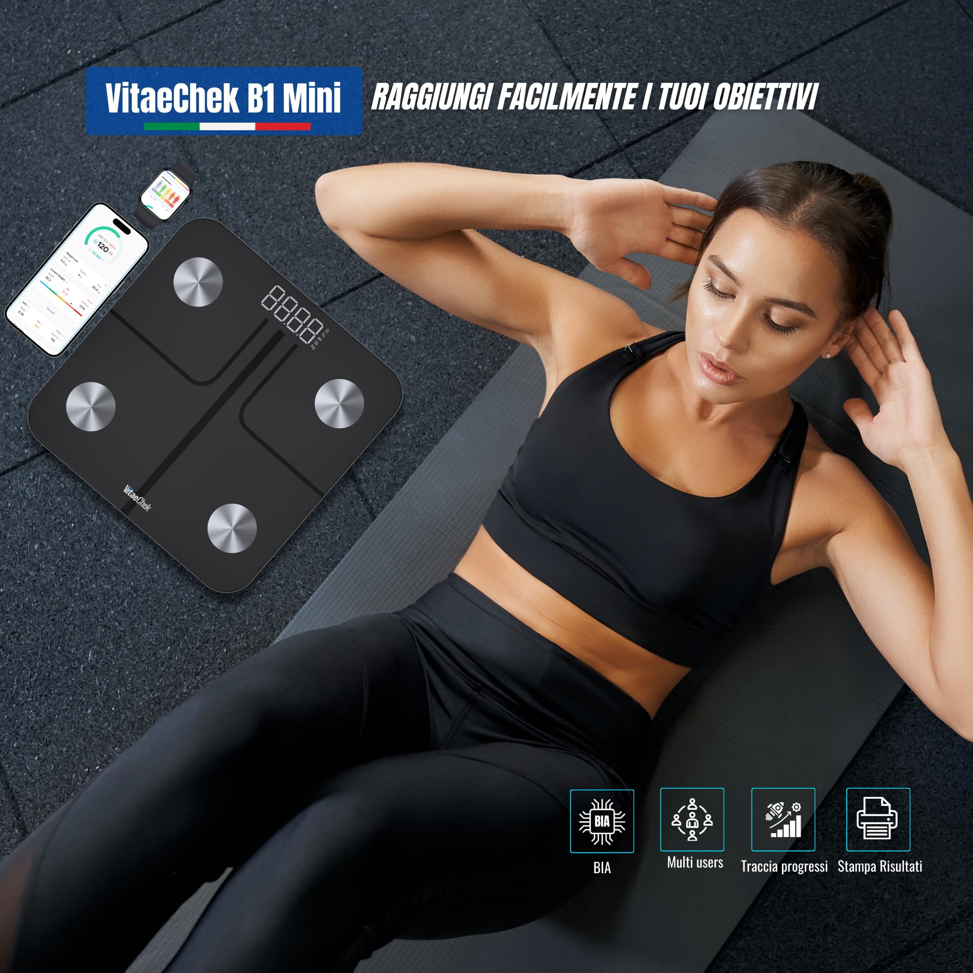 VitaeChek Bilancia Pesapersone Digitale, Bilancia Impedenziometrica in Vetro Temperato, Fino a 180 kg, Bilancia Smart Dotata di 13 Misurazioni (BMI/Grasso corporeo/BMR/Muscoli), 28 cm, Elis 1