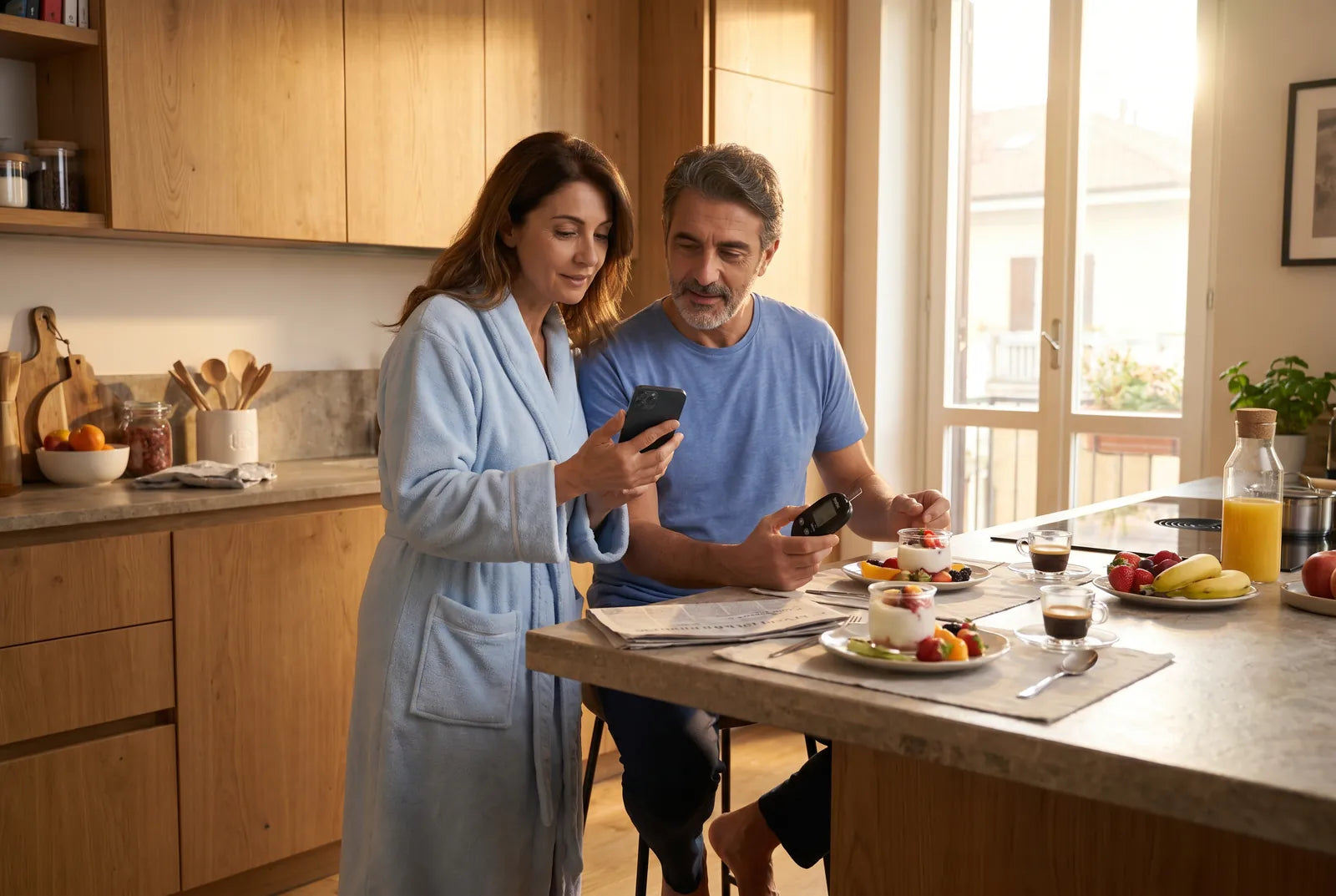 Una coppia in cucina a colazione: lui tiene il glucometro VitaeChek, lei guarda l'app sul telefono