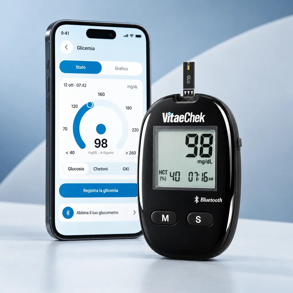 Il glucometro Gluco G1 Pro con una striscia inserita e 98 mg/dL sul display, accanto a uno smartphone con lo stesso valore nell'app