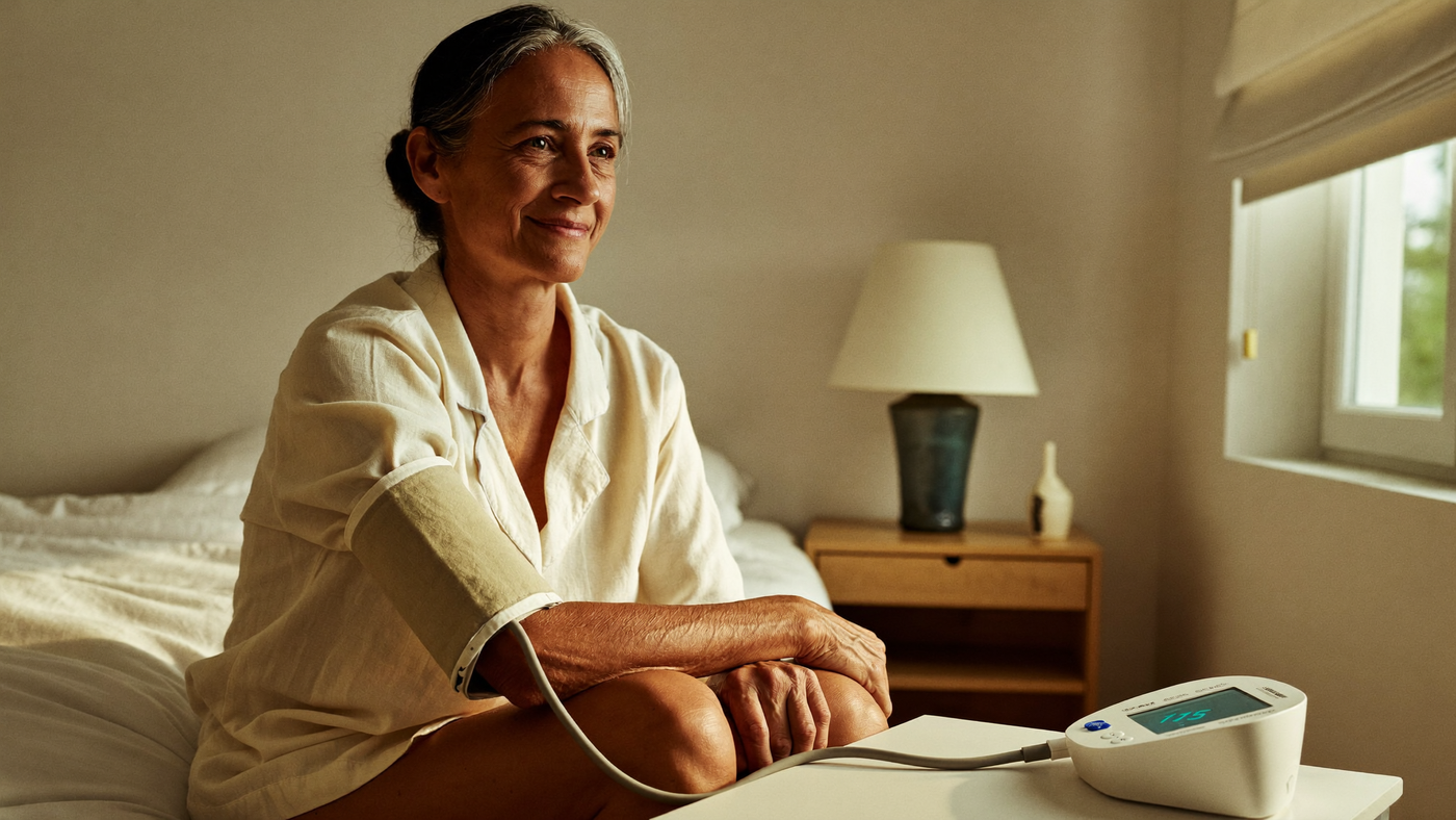 Donna misura la pressione arteriosa a casa — VitaeChek Pulse 3