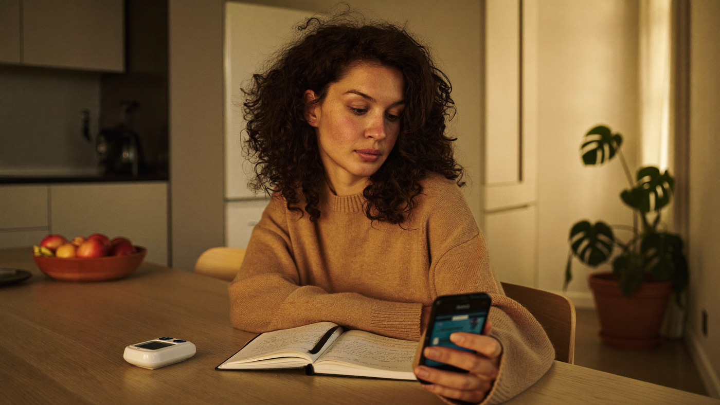 Donna con PCOS monitora la glicemia — Protocollo PMOS VitaeChek