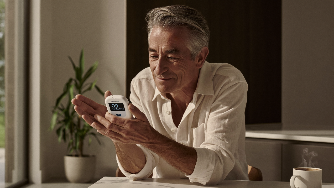 Uomo monitora i 4 biomarcatori longevità — Kit VitaeChek