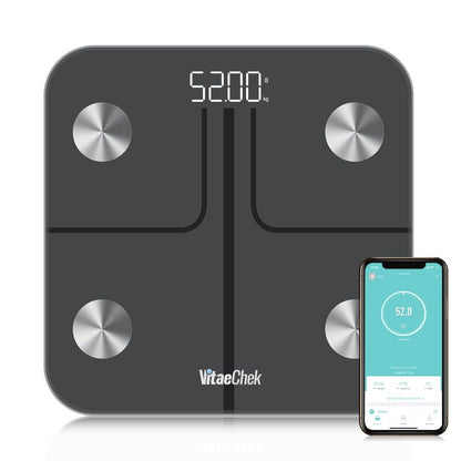 VitaeChek Bilancia Pesapersone Digitale, Bilancia Impedenziometrica in Vetro Temperato, Fino a 180 kg, Bilancia Smart Dotata di 13 Misurazioni (BMI/Grasso corporeo/BMR/Muscoli), 28 cm, Elis 1