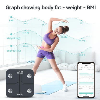 VitaeChek Bilancia Pesapersone Digitale, Bilancia Impedenziometrica in Vetro Temperato, Fino a 180 kg, Bilancia Smart Dotata di 13 Misurazioni (BMI/Grasso corporeo/BMR/Muscoli), 28 cm, Elis 1