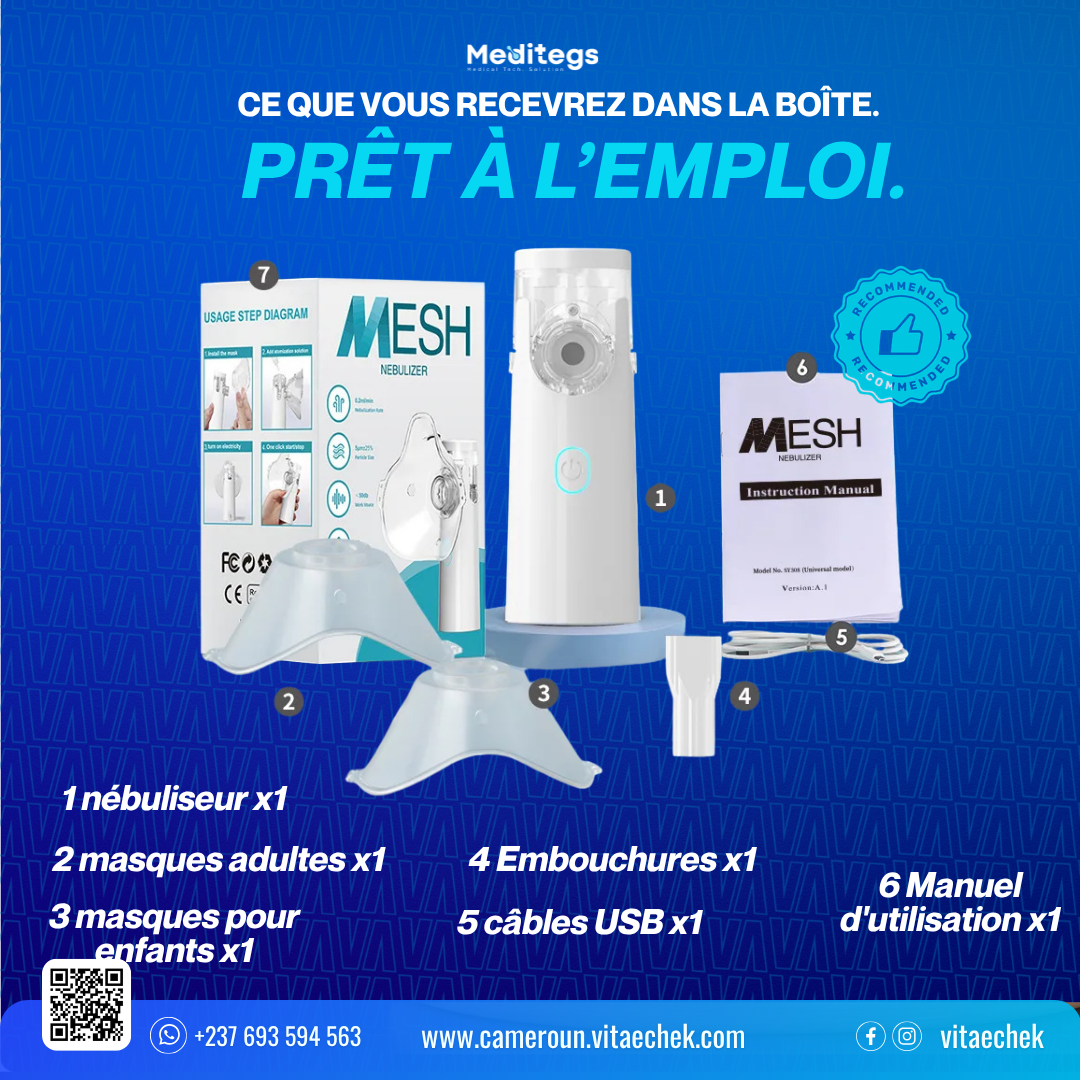AeroMist — contenu de la boîte : nébuliseur, masques, embout, câble USB, manuel