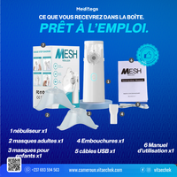 AeroMist — contenu de la boîte : nébuliseur, masques, embout, câble USB, manuel