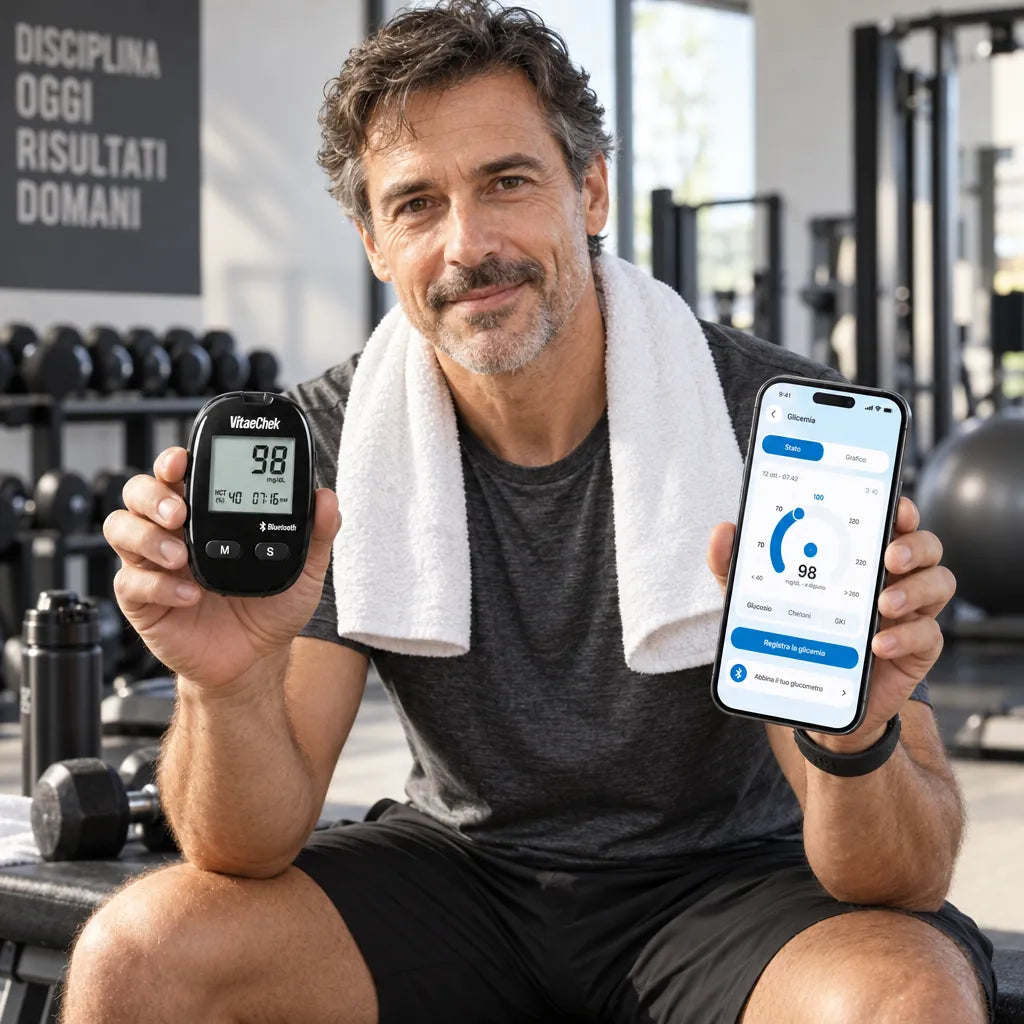 Un uomo in palestra, con l'asciugamano sulle spalle, mostra il glucometro VitaeChek e la misura nell'app